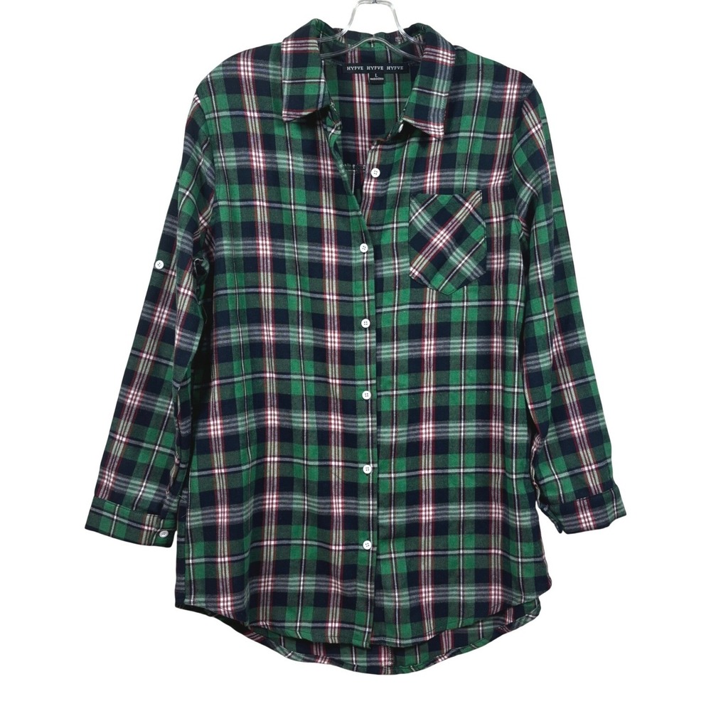 HYFVE Green Plaid Flannel Shirt Long Sleeve Roll Tab Button Up Tunic Womens L